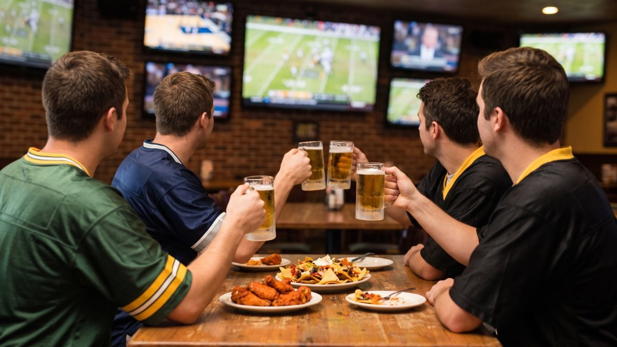 Aficionados con jerseys rivales viendo la NFL en un sports bar de Nuevo Vallarta