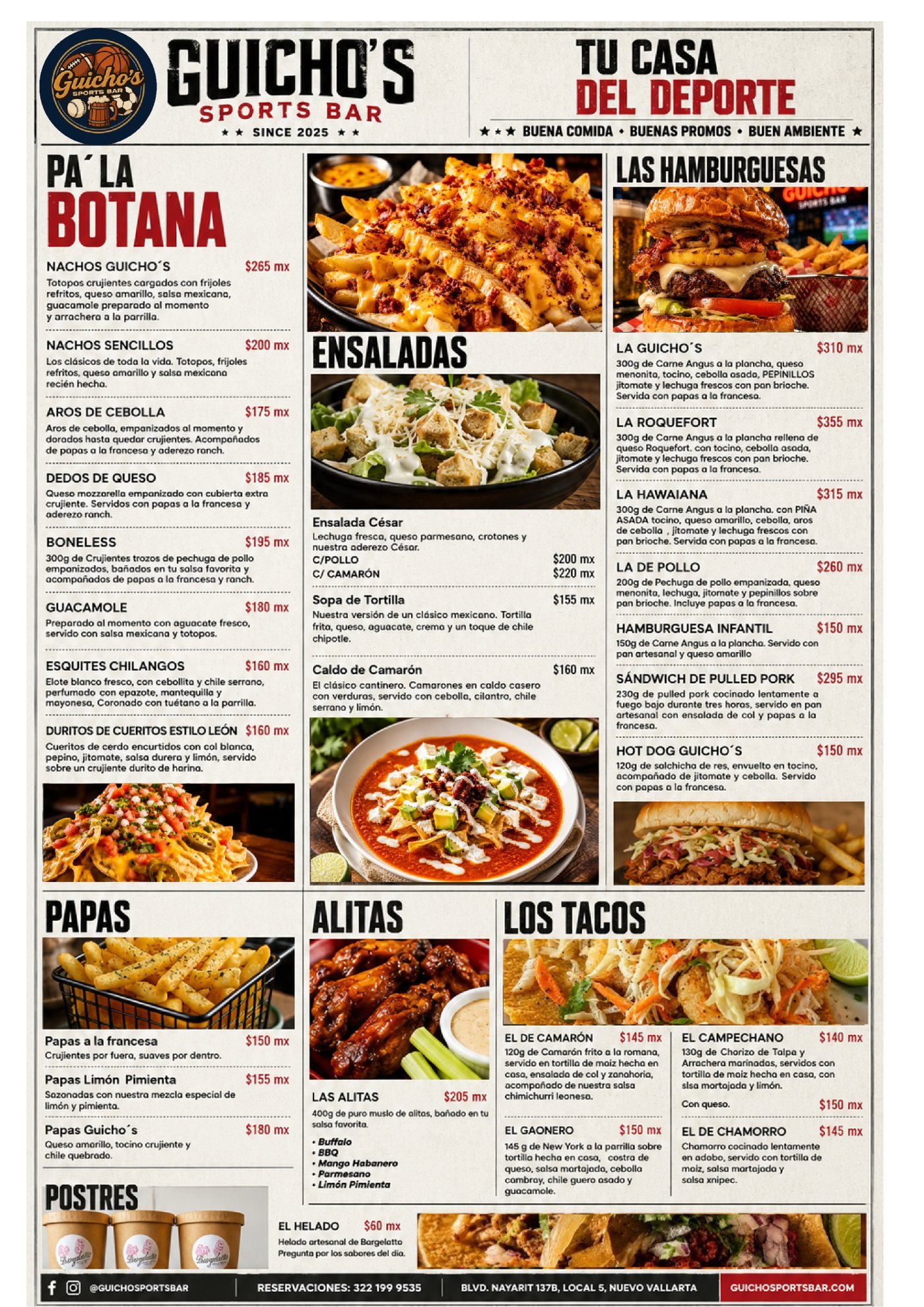 Menú de Guicho's Sports Bar, octubre 2026