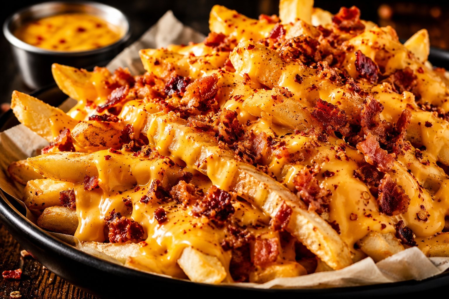 Papas de Guicho gratinadas con queso derretido y tocino crujiente